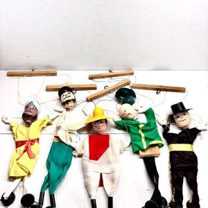 Wooden Marionette Hand String Puppets 9” Tall Lot Of 5 Vintage Made In Japan